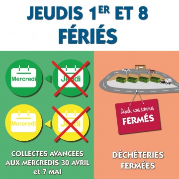Jeudis 1er et 8 Mai : collectes rattrapées et déchèteries fermées 